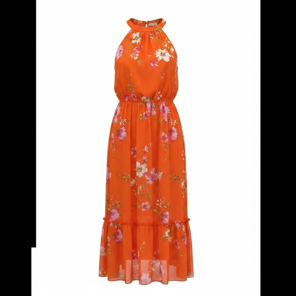Emma & Michele Women's Floral Pleated Midi Dress/Halter Neck Orange Size 6 NWT